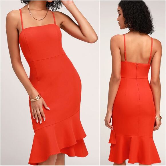 Lulus Irresistible Ways Red Orange Ruffled Midi Dress size medium - Picture 1 of 8